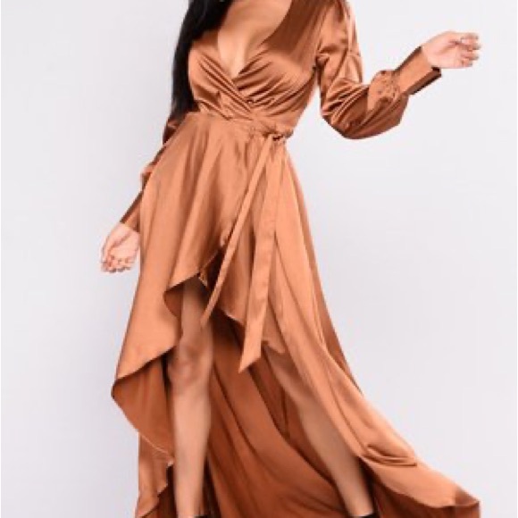 Fashion Nova Dresses & Skirts - NWT Fashion Nova Sultry Vixen Satin Wrap Dress - Brown - Size S